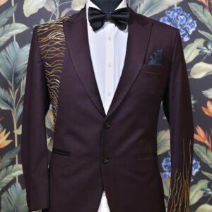 Dark Wine Cutdana Embroidered Tuxedo Suit
