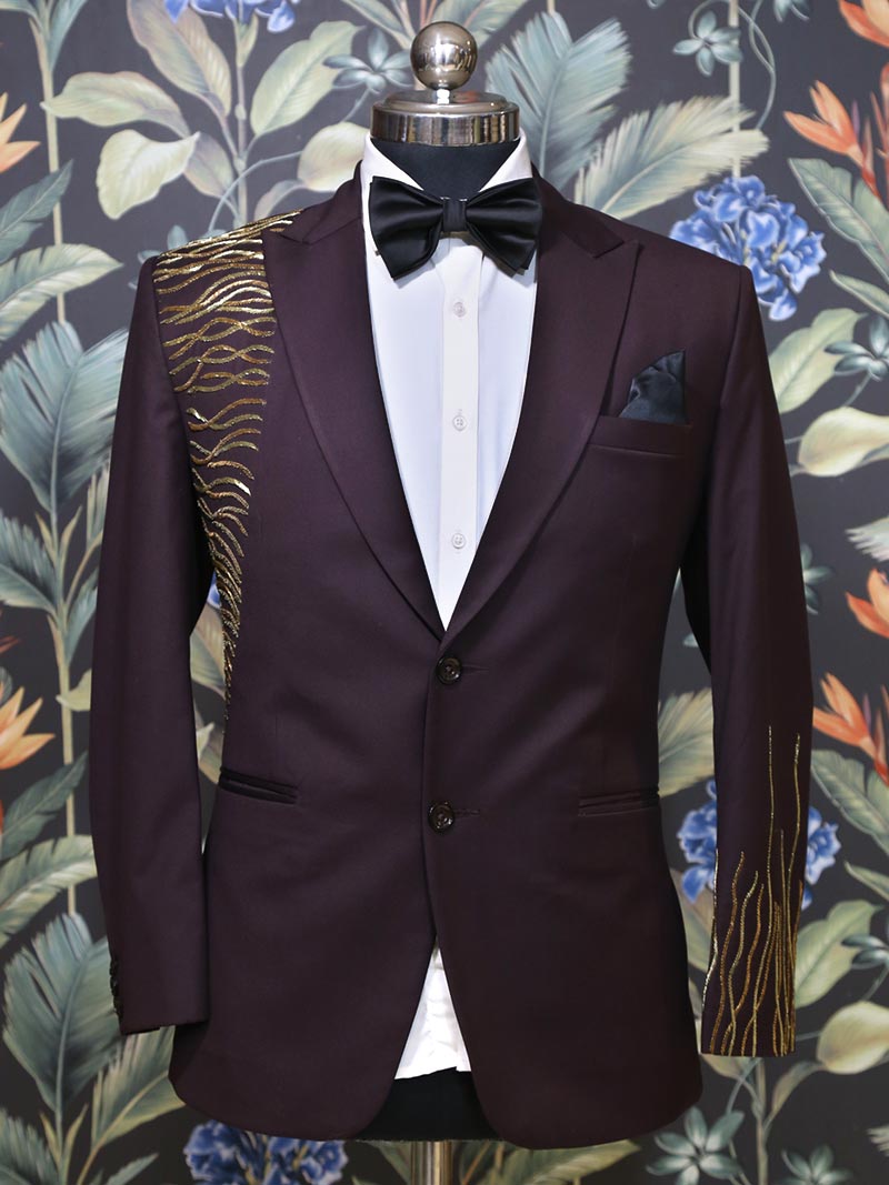 Dark Wine Cutdana Embroidered Tuxedo Suit