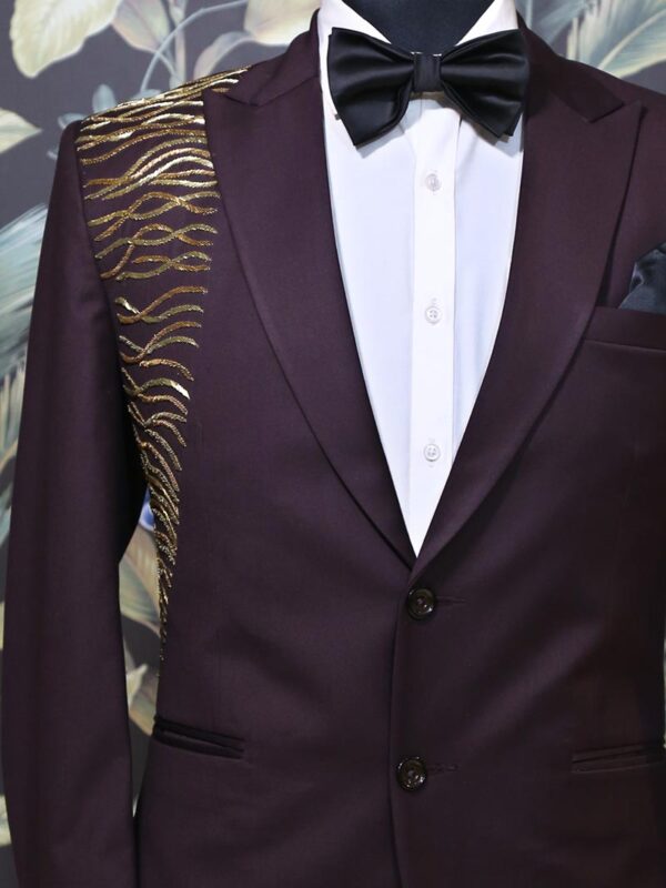 Dark Wine Cutdana Embroidered Tuxedo Suit