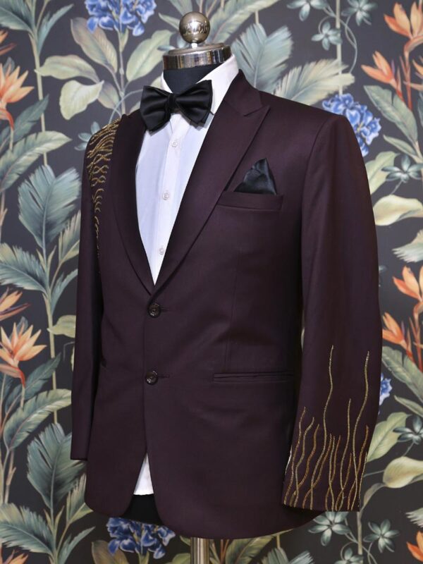 Dark Wine Cutdana Embroidered Tuxedo Suit