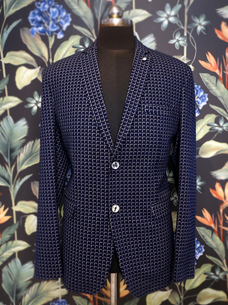 Men Navy Blue & White Regular Fit Blazer