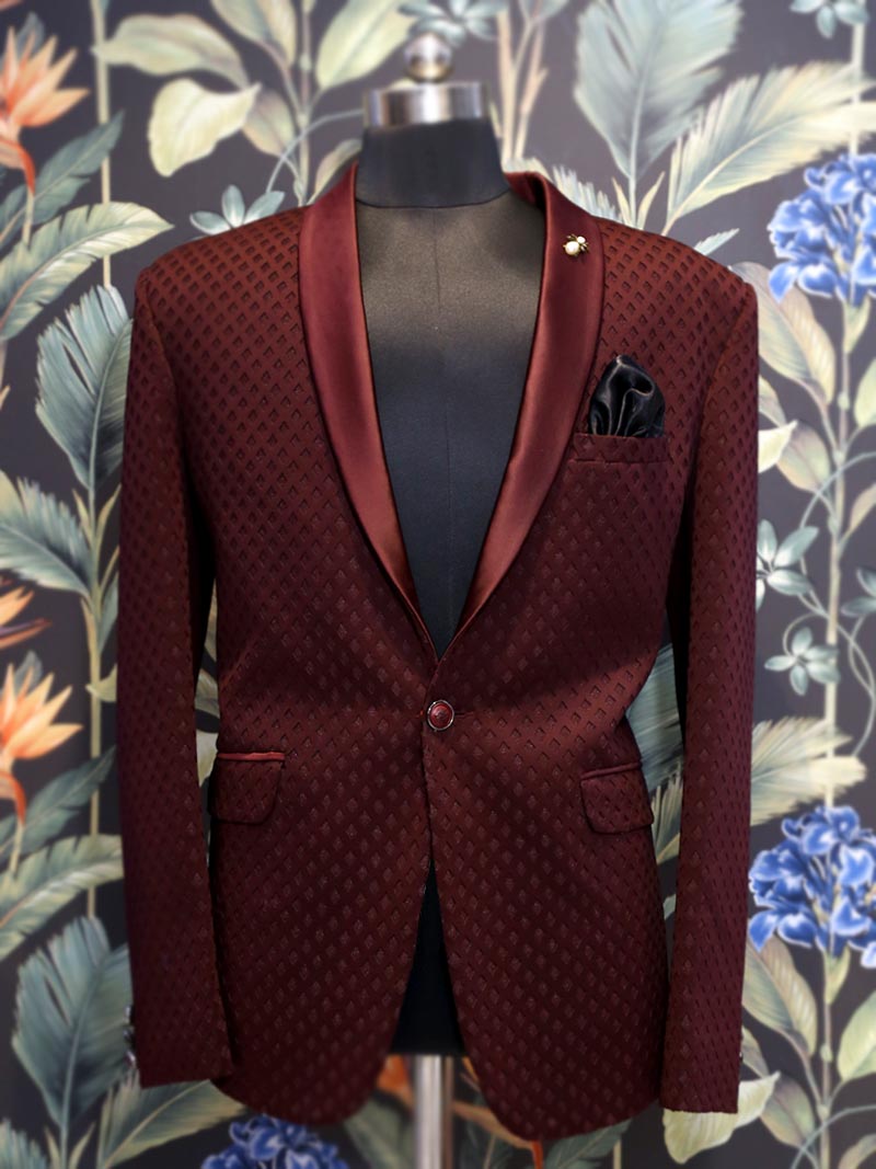 Wine Self Design Tuxedo Blazer