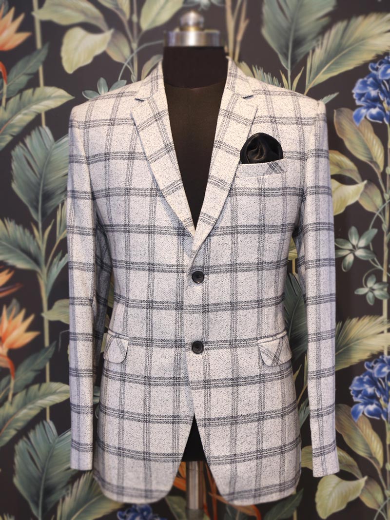 Men Classic Grey Checked Single-Breasted Blazer