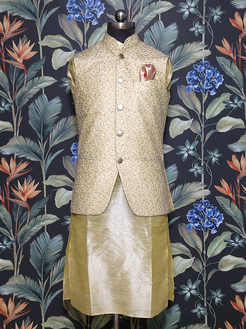 MBRK-KPWC-003 Champagne Color Kurta Pajama with Embroidered Waist Coat