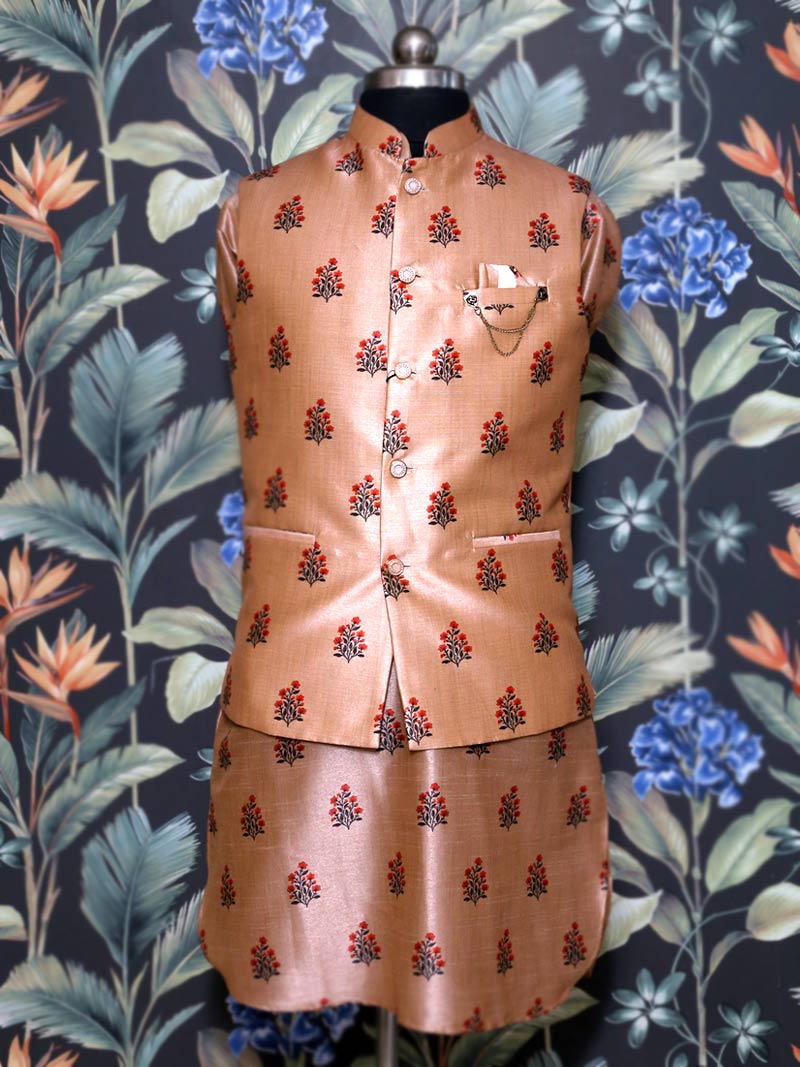Rose Gold Floral Kurta Pajama with Waist Coat