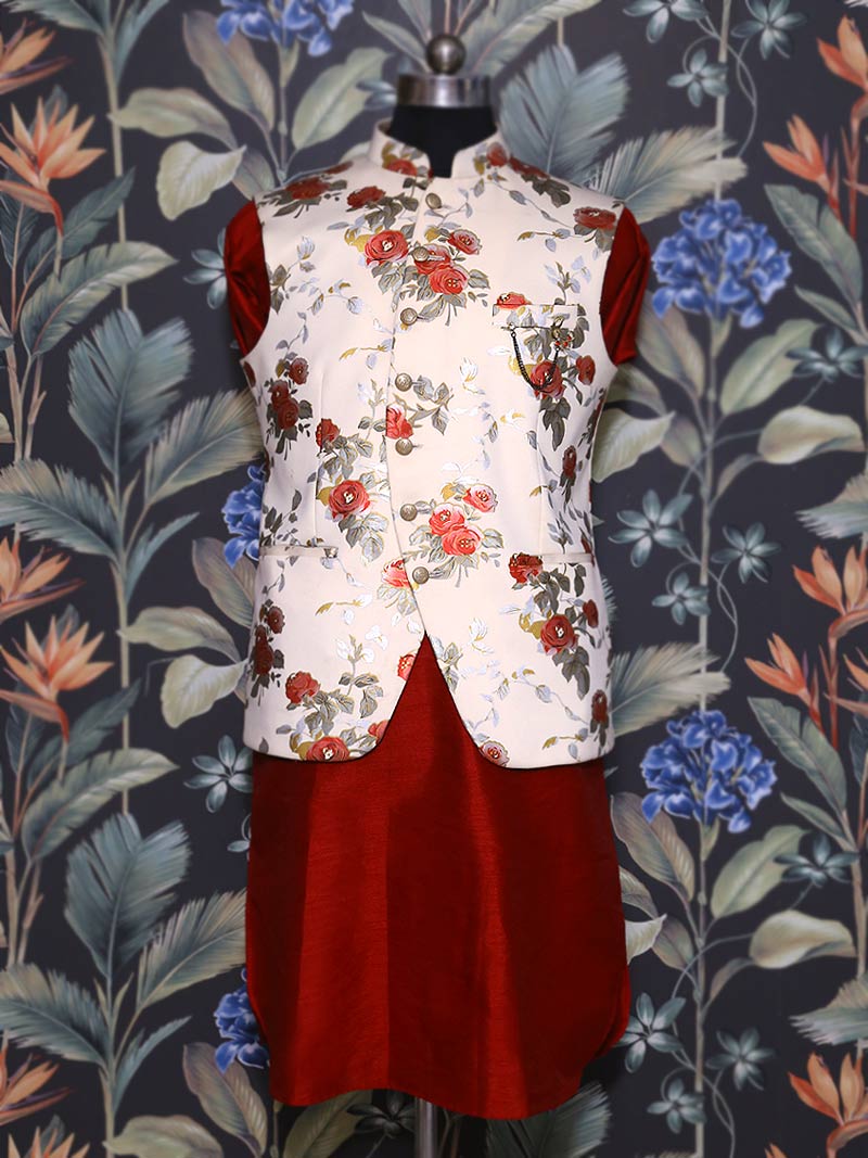 Red Kurta Pajama with White Floral Waist Coat