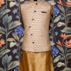 Golden Kurta Pajama with Wave Print Waist Coat