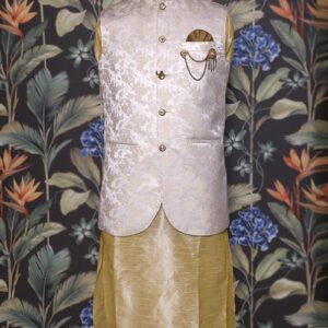 Golden Kurta Pajama with Cream Self Printed Waist Coat