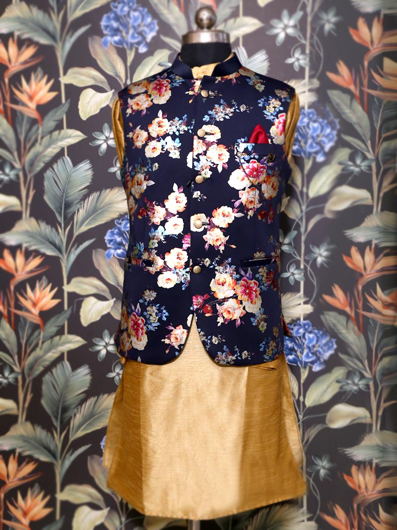 Golden Kurta Pajama with Blue Floral Waist Coat