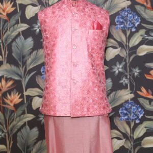 Pink Kurta Pajama with Threadwork Waist Coat