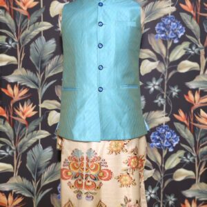 Floral Printed Kurta Pajama with Blue Waist Coat