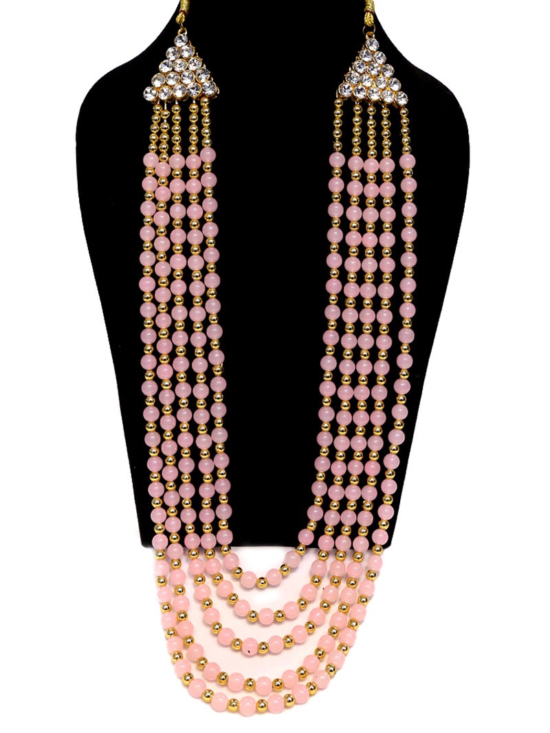 Peach Pearl Mala With Golden Beads