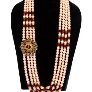 Multi Layered Maroon And Rose Gold Toned Pearl Mala