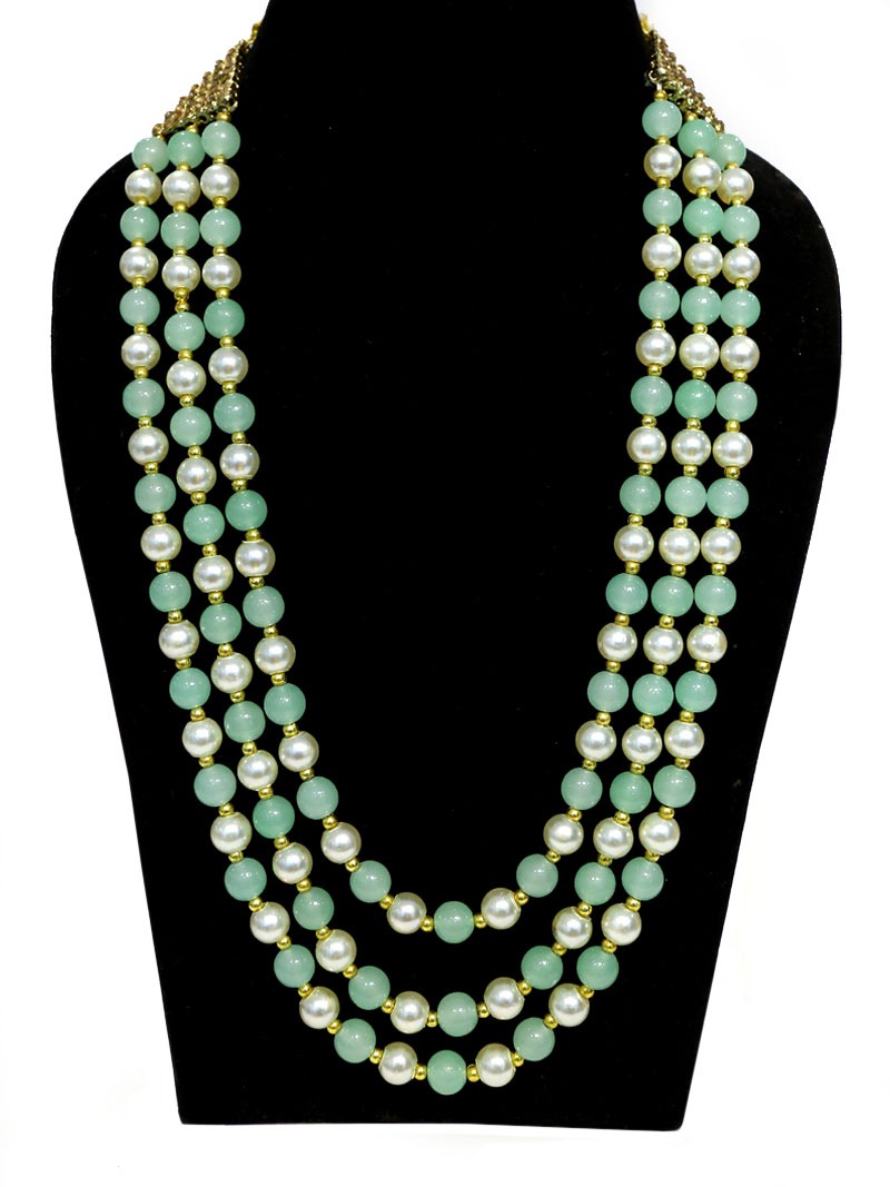 MBRK-MALA-012 Layered Gold Toned Pista Green Beaded Mala