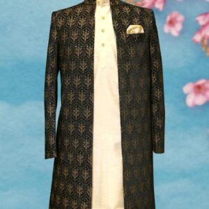 Black Shrug Set with Self Golden Woven Pattern