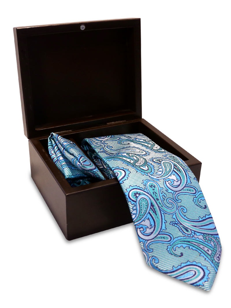 MBRK-TSET-005 Printed Silk Tie & Pocket Square In Sky Blue