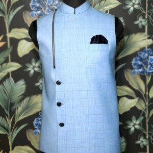 Sky Blue Check Asymetric Waistcoat