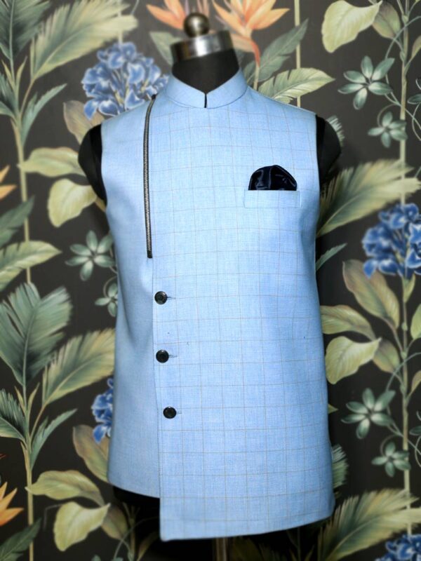 Sky Blue Check Asymetric Waistcoat