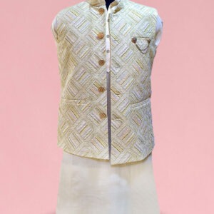 Cream Kurta Pajama with Embossed Waist Coat