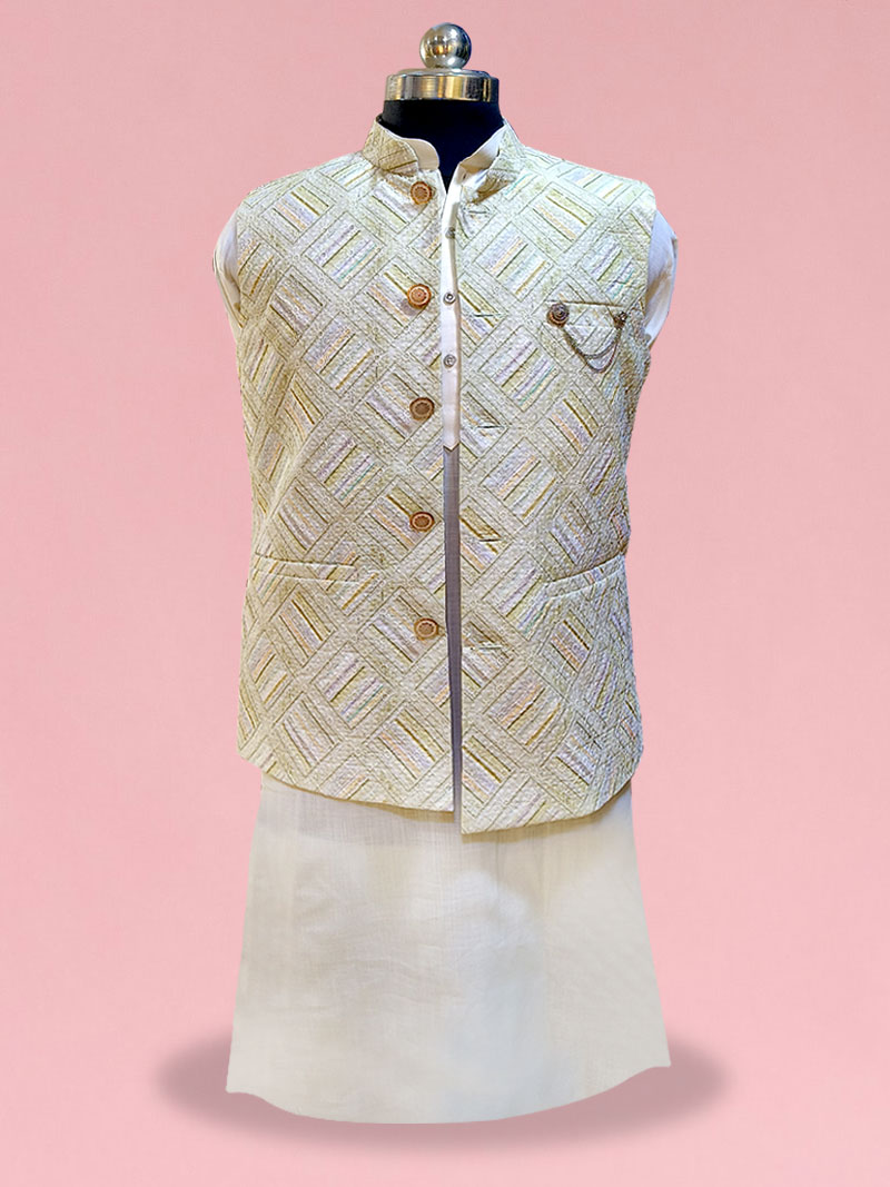 Cream Kurta Pajama with Embossed Waist Coat